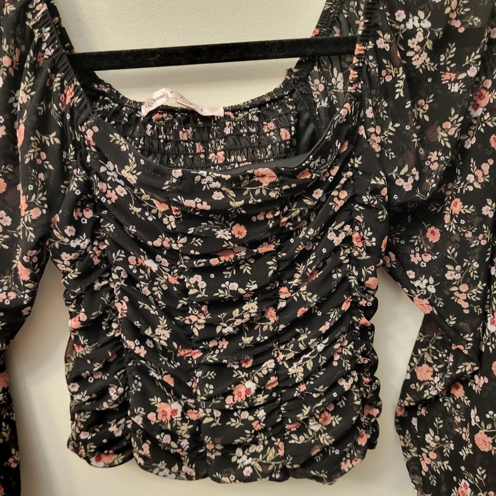 Crave Fame Black Floral Ruched Blouse